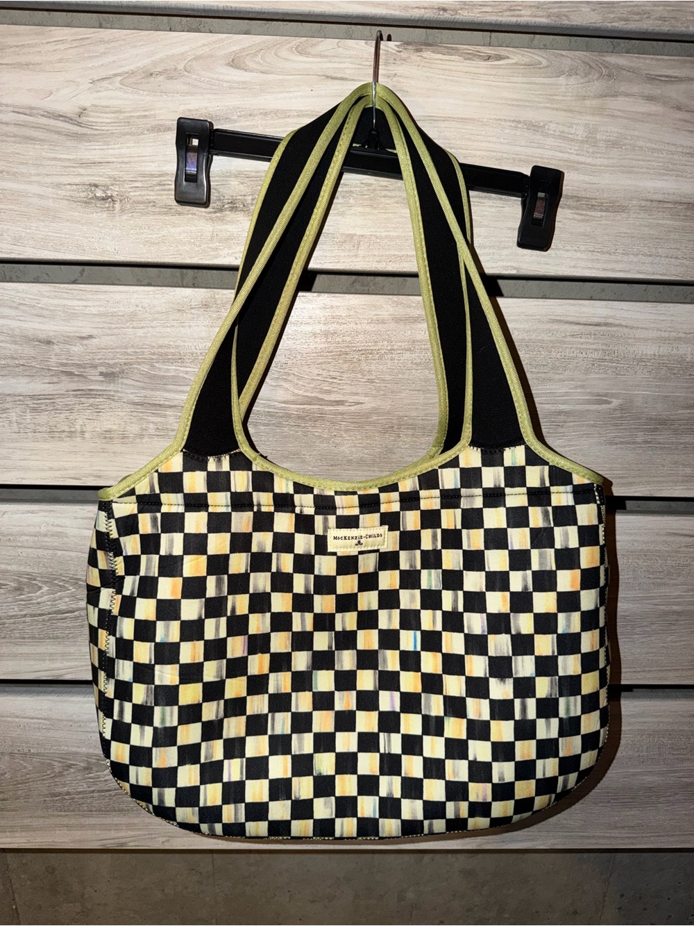 MacKenzie-Childs Black & Cream Checkerboard Shoulder Bag with Lime Trim
